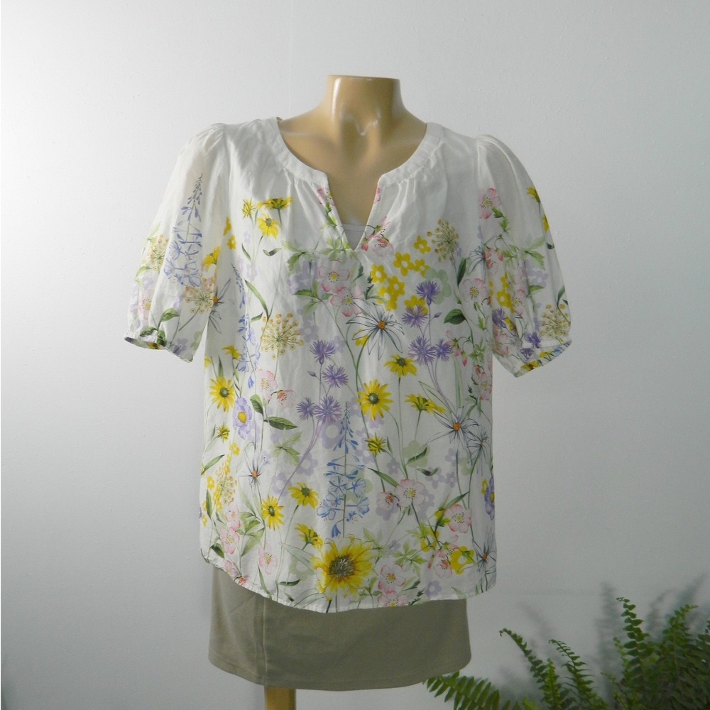 Talbots Floral Blouse Womens Medium White Wildflower Puff Sleeve Cotton Lined - Picture 2 of 7
